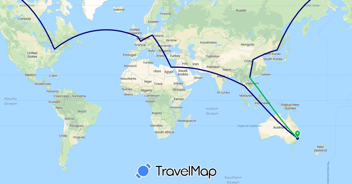 TravelMap itinerary: driving, bus in Australia, Canada, China, Germany, Egypt, France, United Kingdom, Russia, Thailand, Vietnam (Africa, Asia, Europe, North America, Oceania)